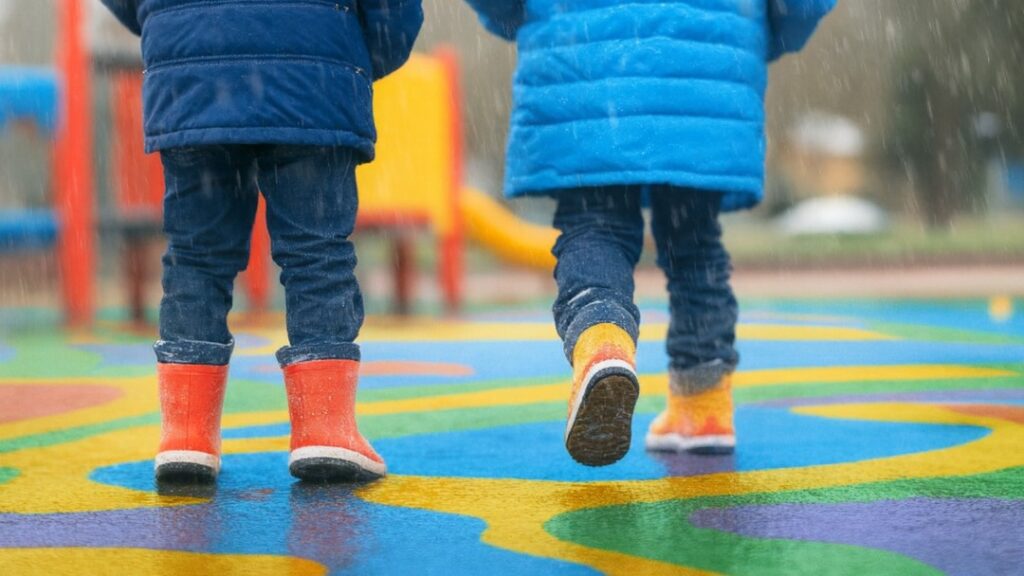 crianças brincando em playground com piso de borracha na chuva, que não acumula poças e continua sua seguro, evitando escorregões.