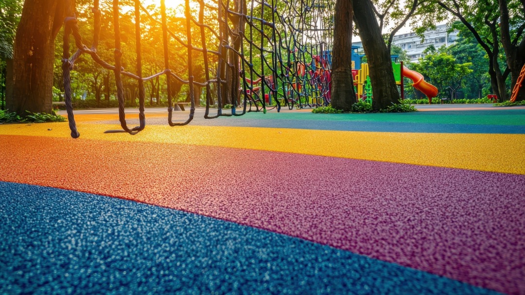 piso emborrachado colorido da pisoleve em playground externo, unindo segurança, conforto e design em projetos escolares e de condomínio